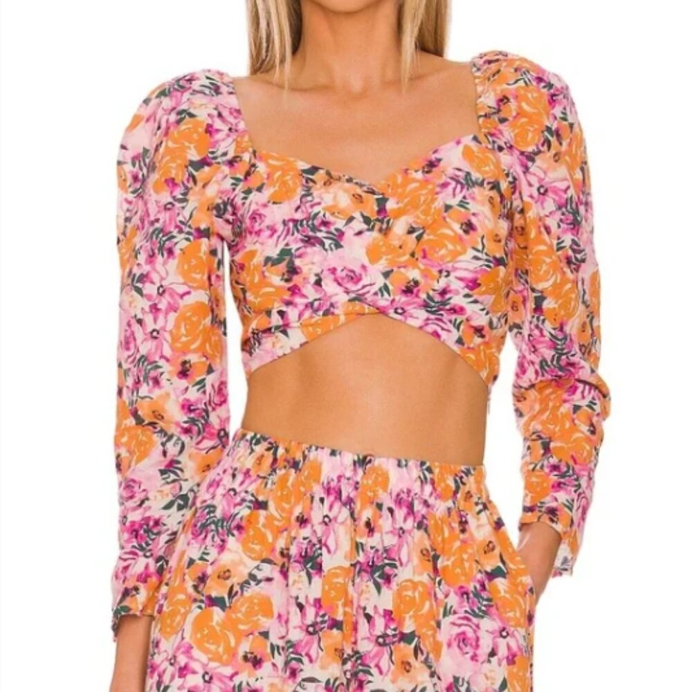 SOMETHING NAVY ~MEDIUM~ Floral Puff Shoulder Top in Orange Combo Crop New NWOT